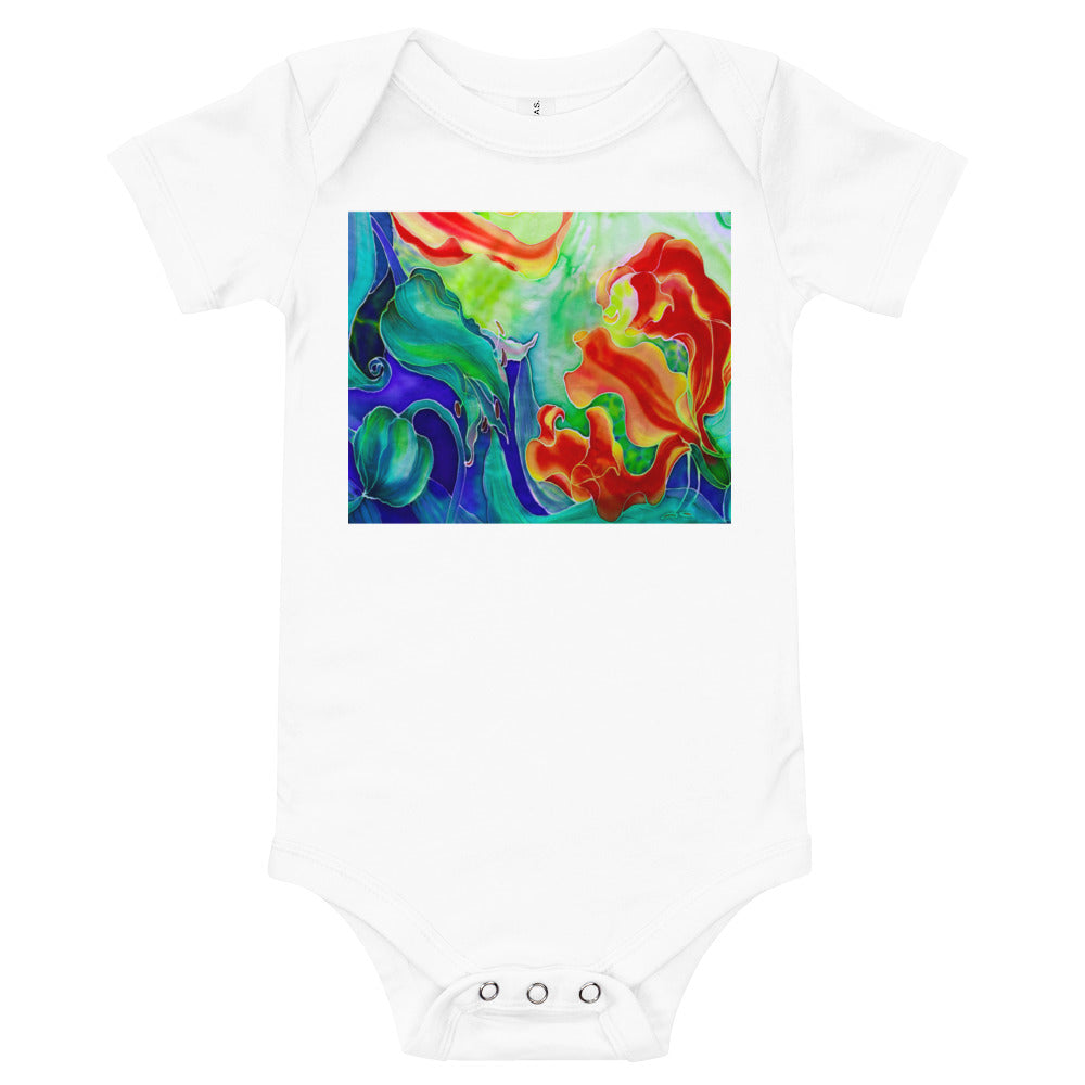 Light Soft Baby Bodysuit - Red Flower Watercolor with Blue