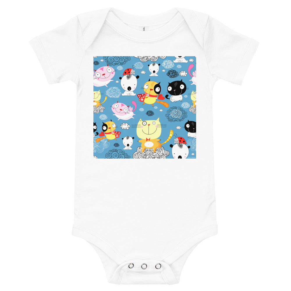 Light Soft Baby Bodysuit - Happy Cats in Clouds