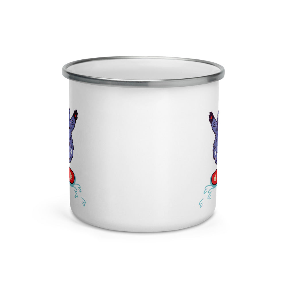 Happy Camper Silver Rim Enamelware Mug - Yeti Shredding It!