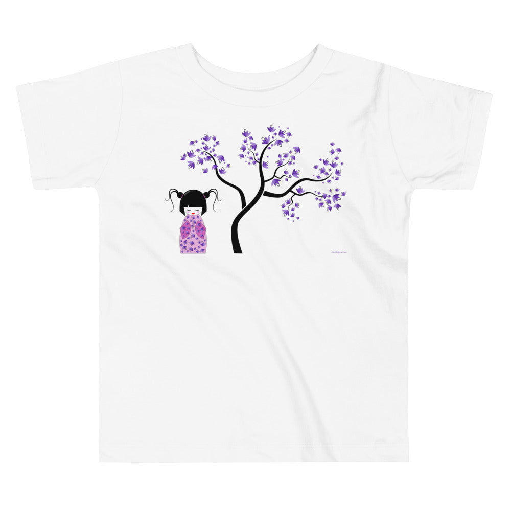 Premium Soft Toddler Tee - Kokeshi Doll with Purple Flowers