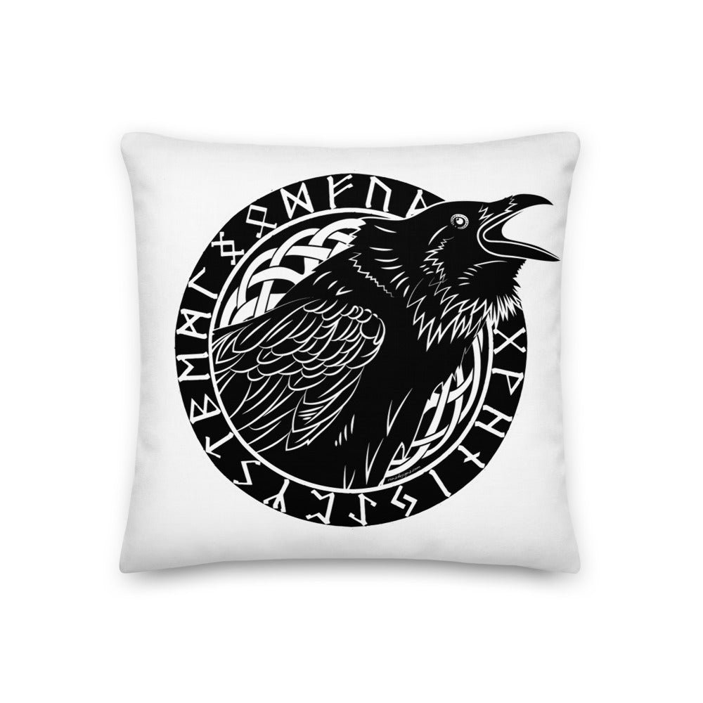 Premium White Stuffed Pillow - Cawing Crow in a Runic Circle