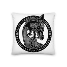 Load image into Gallery viewer, Premium White Stuffed Pillow - Viking Warship Dragon Head in Runic Circle
