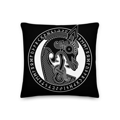 Premium Black Stuffed Pillow - Viking Warship Dragon Head in Runic Circle