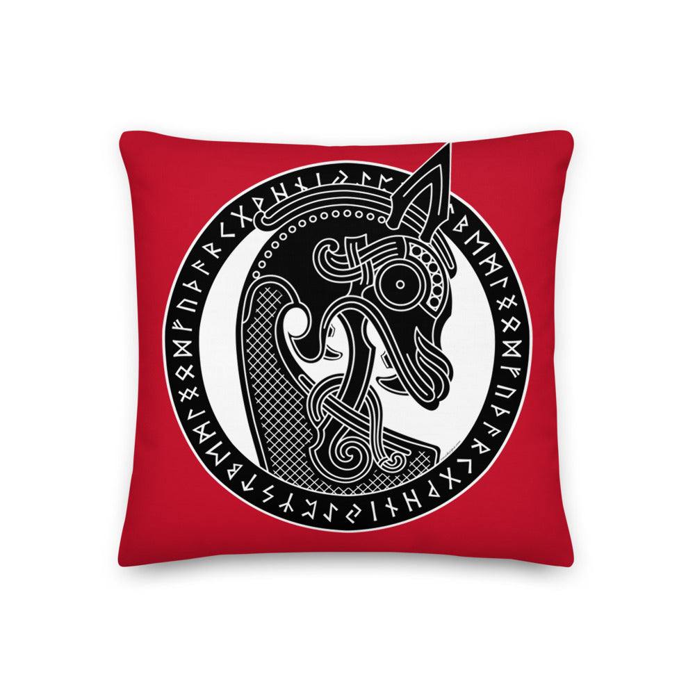 Premium Red Stuffed Pillow - Viking Warship Dragon Head in Runic Circle