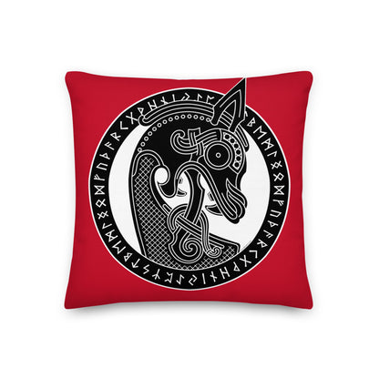 Premium Red Stuffed Pillow - Viking Warship Dragon Head in Runic Circle
