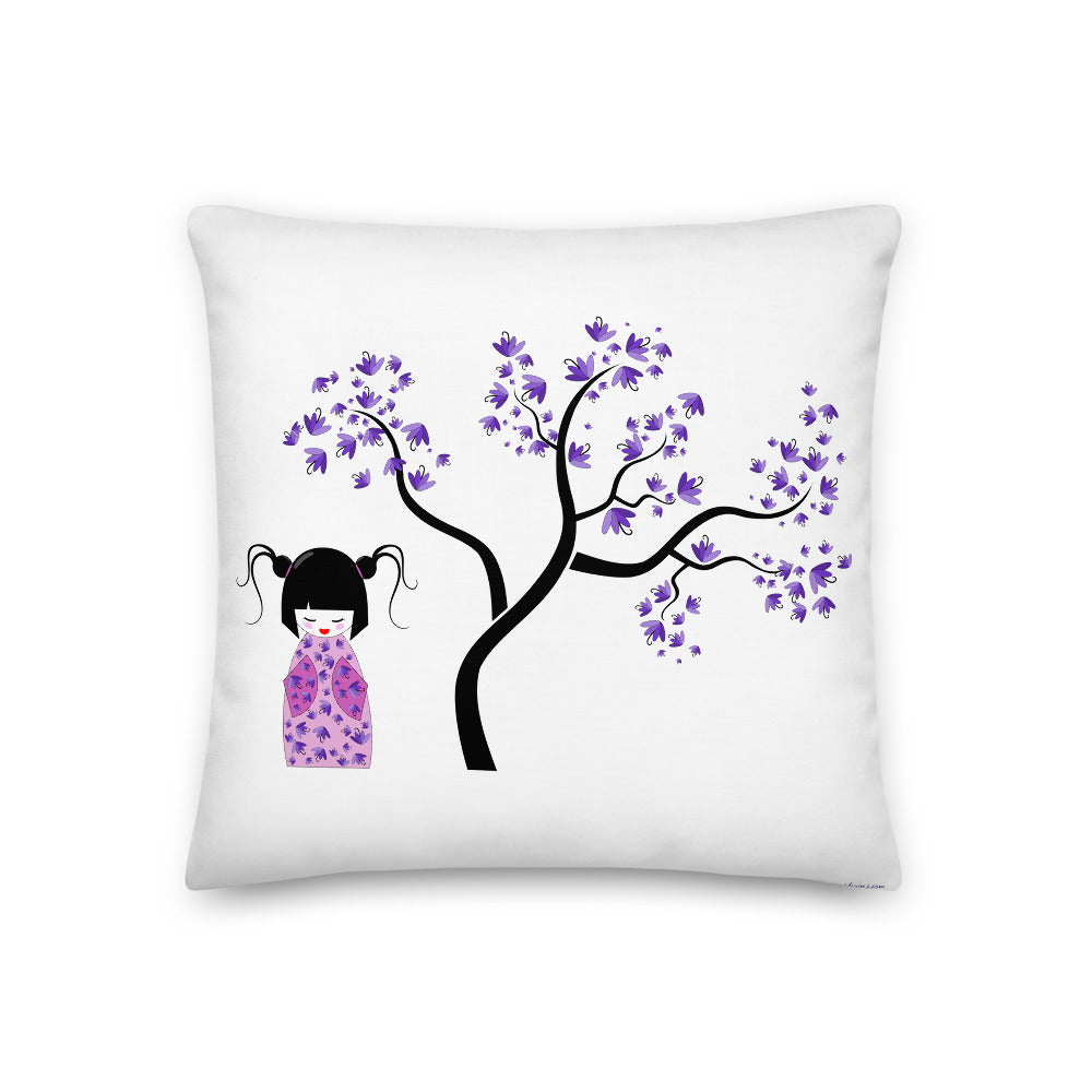 Premium Stuffed Pillow - Kokeshi Doll with Purple Flowers