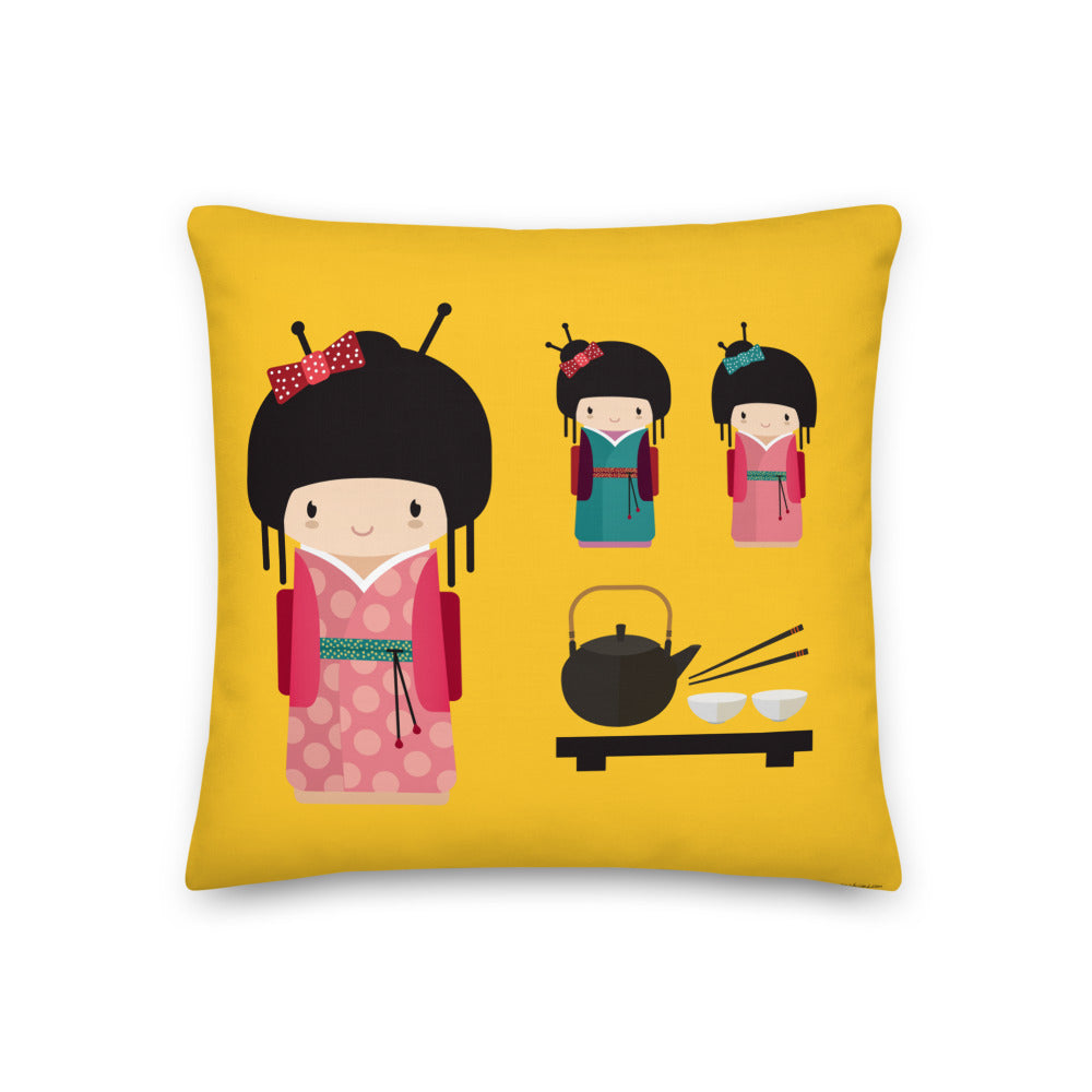 Premium Stuffed Pillow - Kokeshi Dolls Tea Time