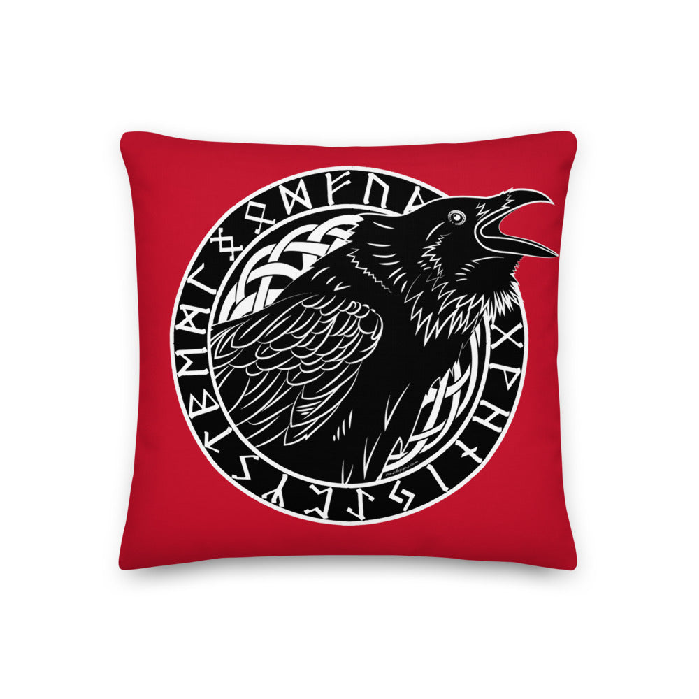 Premium Red Pillow - Cawing Crow in a Runic Circle
