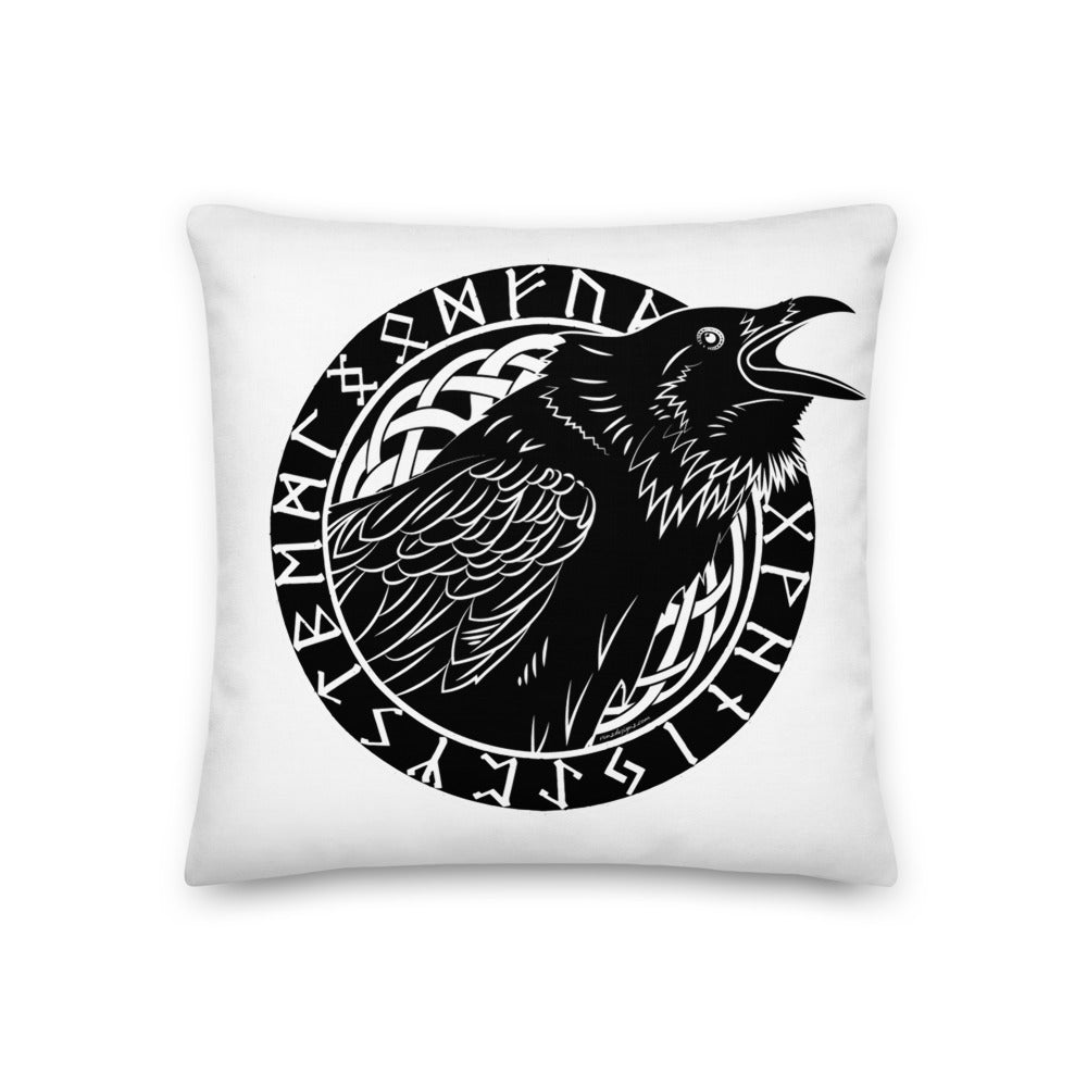 Premium White Stuffed Pillow - Cawing Crow in a Runic Circle