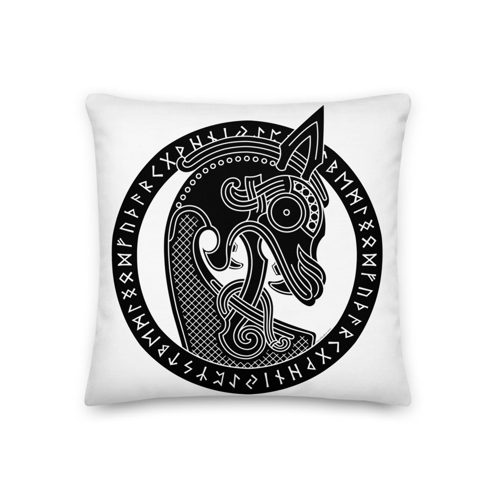 Premium White Stuffed Pillow - Viking Warship Dragon Head in Runic Circle