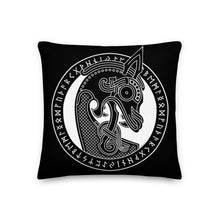 Load image into Gallery viewer, Premium Black Stuffed Pillow - Viking Warship Dragon Head in Runic Circle
