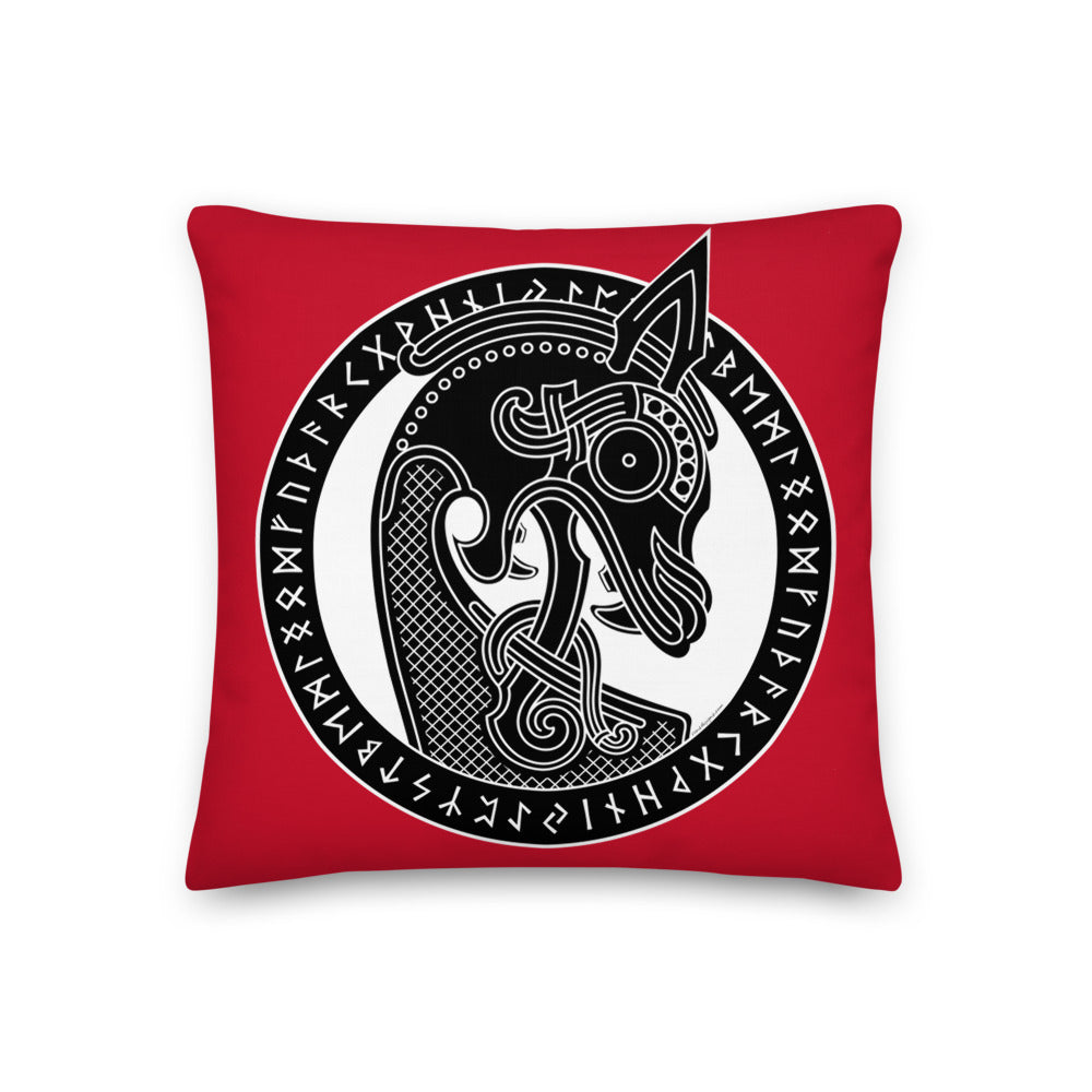 Premium Red Stuffed Pillow - Viking Warship Dragon Head in Runic Circle