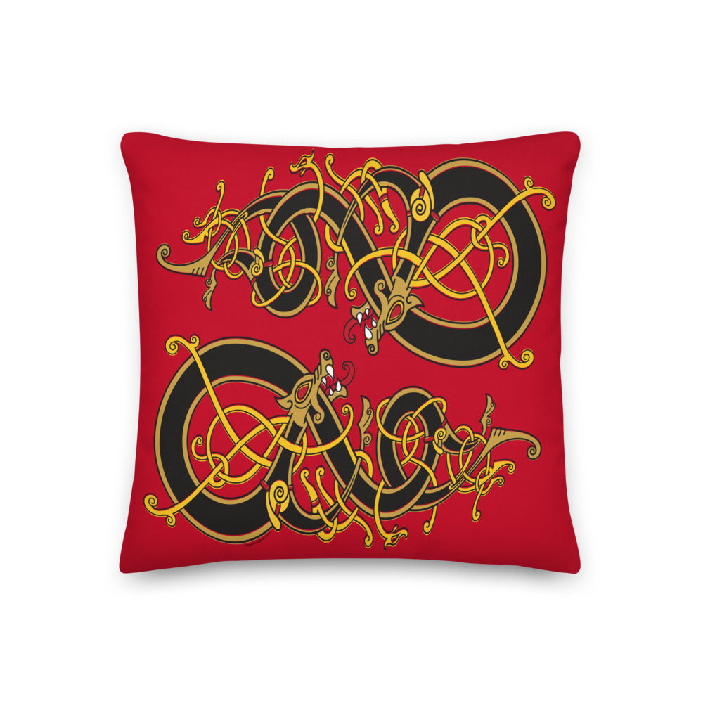 Premium Red Pillow - Viking Dragon Tangled in Celtic Knots
