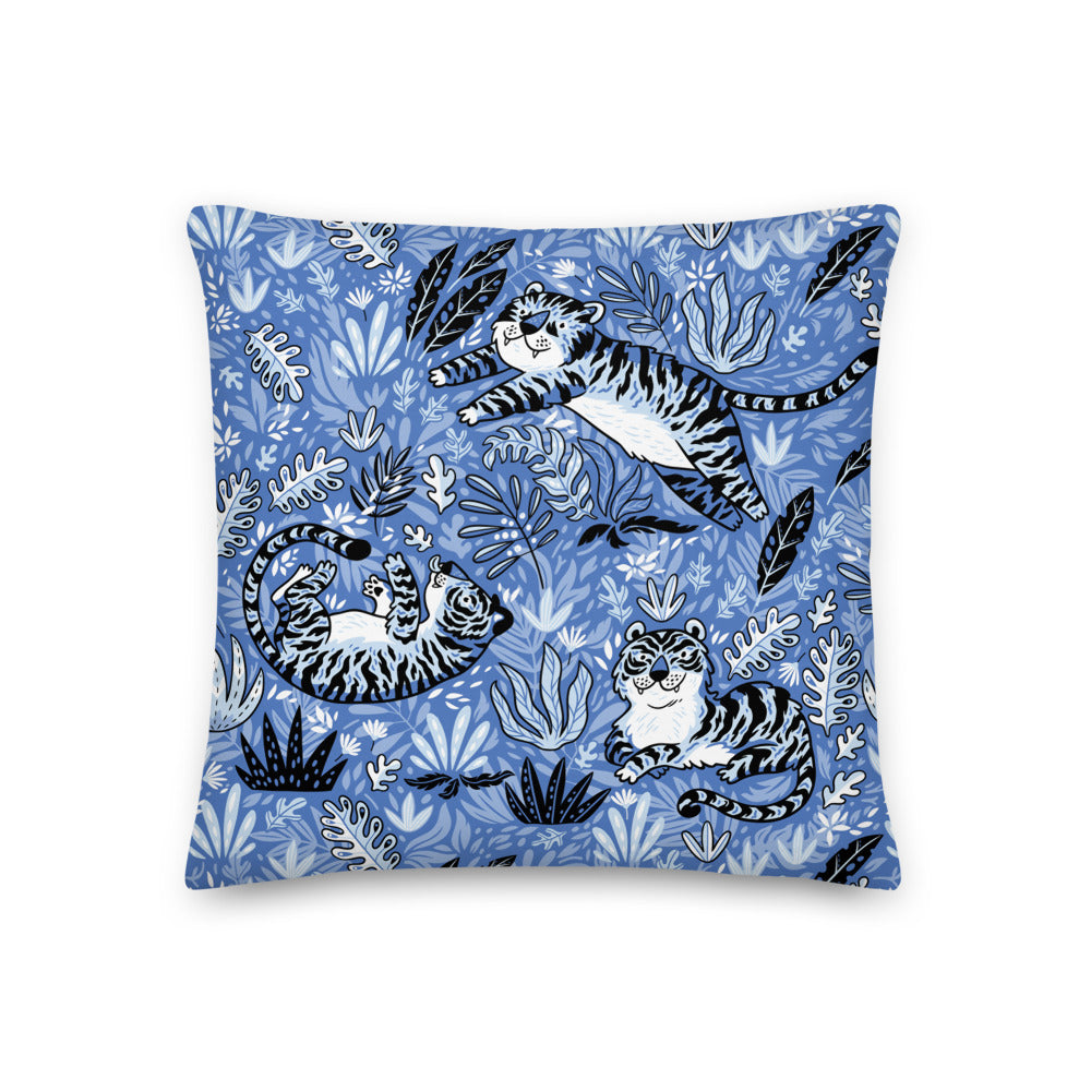Premium Stuffed Pillow - Cavorting Blue Tigers