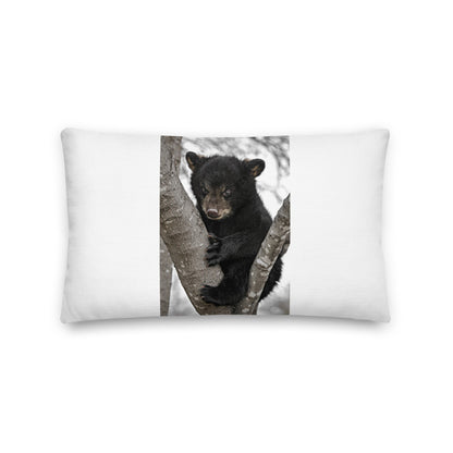 Premium White Stuffed Pillow - Baby Black Bear in a Tree