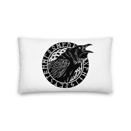 Premium White Stuffed Pillow - Cawing Crow in a Runic Circle