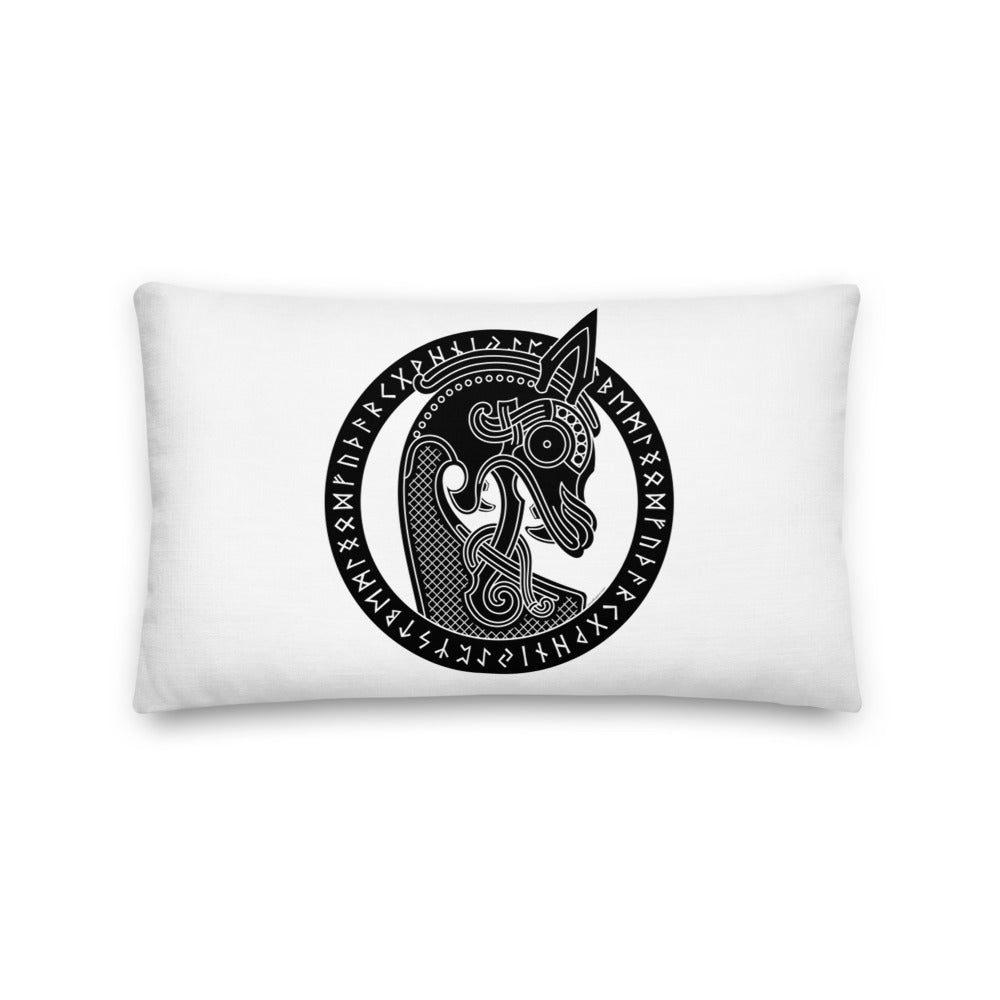 Premium White Stuffed Pillow - Viking Warship Dragon Head in Runic Circle
