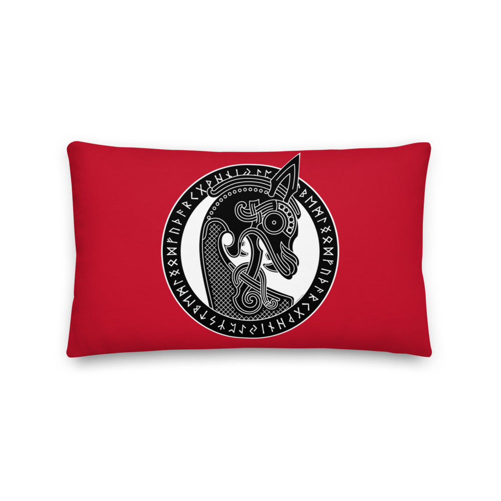 Premium Red Stuffed Pillow - Viking Warship Dragon Head in Runic Circle
