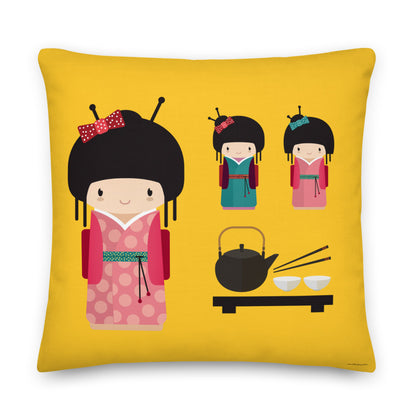 Premium Stuffed Pillow - Kokeshi Dolls Tea Time