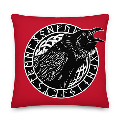 Premium Red Pillow - Cawing Crow in a Runic Circle