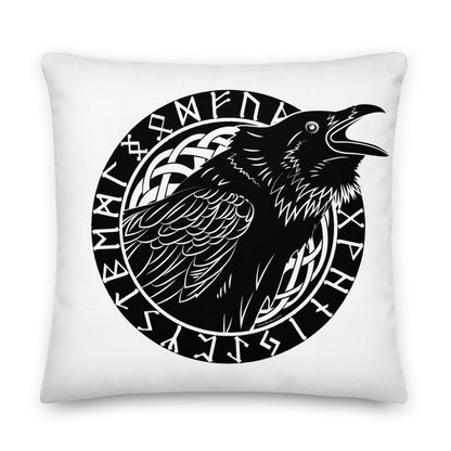 Premium White Stuffed Pillow - Cawing Crow in a Runic Circle