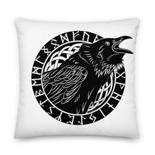 Load image into Gallery viewer, Premium White Stuffed Pillow - Cawing Crow in a Runic Circle
