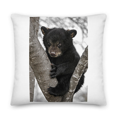 Premium White Stuffed Pillow - Baby Black Bear in a Tree