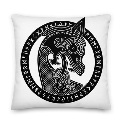 Premium White Stuffed Pillow - Viking Warship Dragon Head in Runic Circle