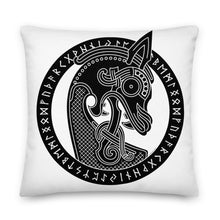 Load image into Gallery viewer, Premium White Stuffed Pillow - Viking Warship Dragon Head in Runic Circle
