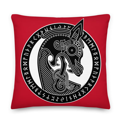 Premium Red Stuffed Pillow - Viking Warship Dragon Head in Runic Circle