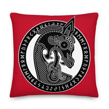 Load image into Gallery viewer, Premium Red Stuffed Pillow - Viking Warship Dragon Head in Runic Circle
