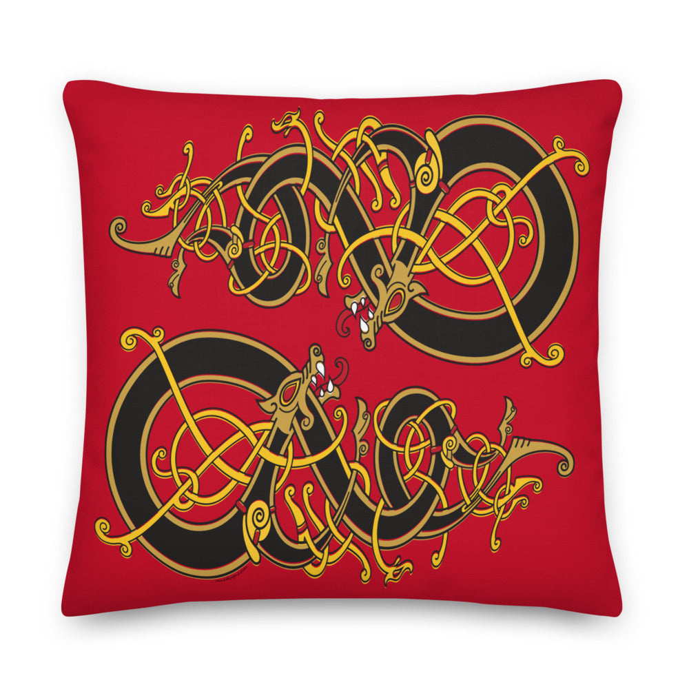Premium Red Pillow - Viking Dragon Tangled in Celtic Knots