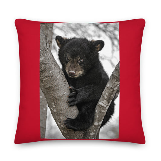 Premium Red Stuffed Pillow - Baby Black Bear in a Tree