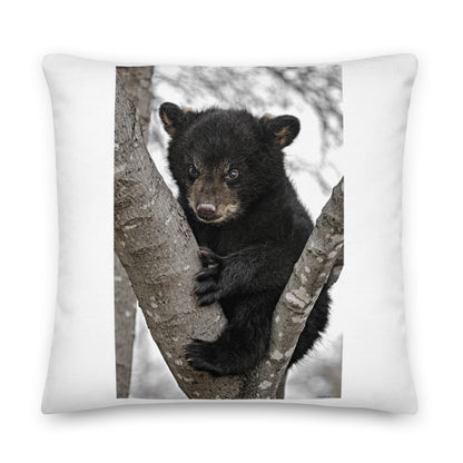 Premium White Stuffed Pillow - Baby Black Bear in a Tree