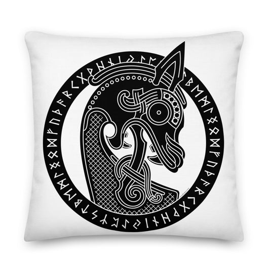 Premium White Stuffed Pillow - Viking Warship Dragon Head in Runic Circle