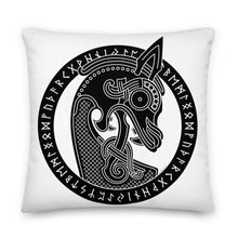 Load image into Gallery viewer, Premium White Stuffed Pillow - Viking Warship Dragon Head in Runic Circle
