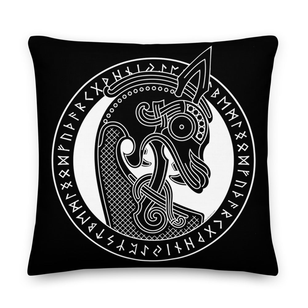 Premium Black Stuffed Pillow - Viking Warship Dragon Head in Runic Circle