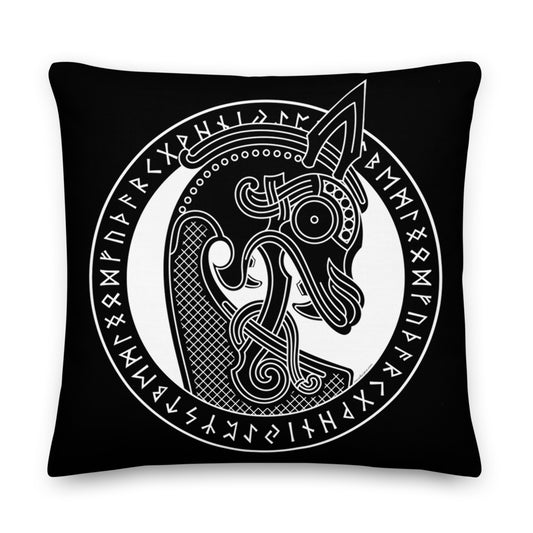Premium Black Stuffed Pillow - Viking Warship Dragon Head in Runic Circle