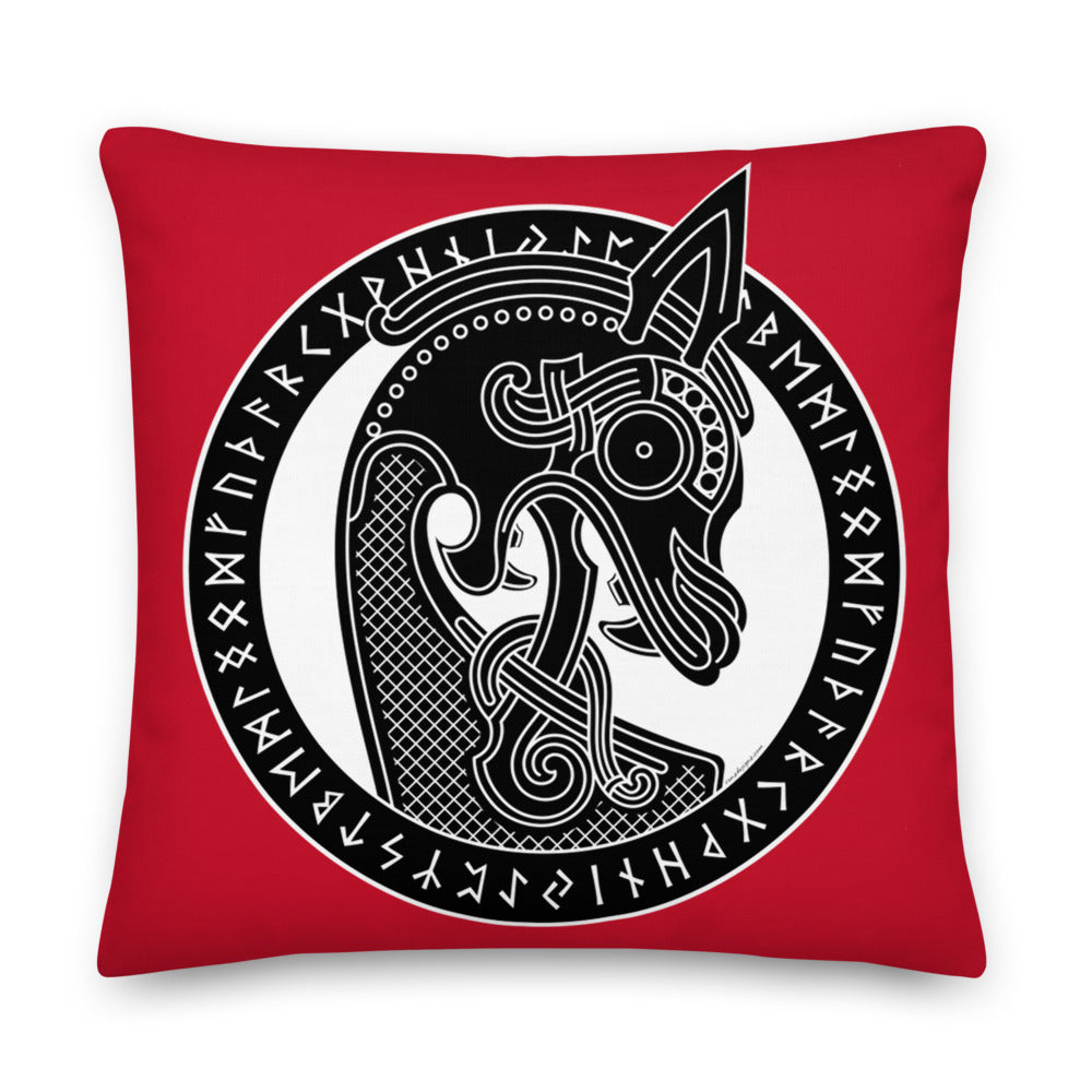 Premium Red Stuffed Pillow - Viking Warship Dragon Head in Runic Circle