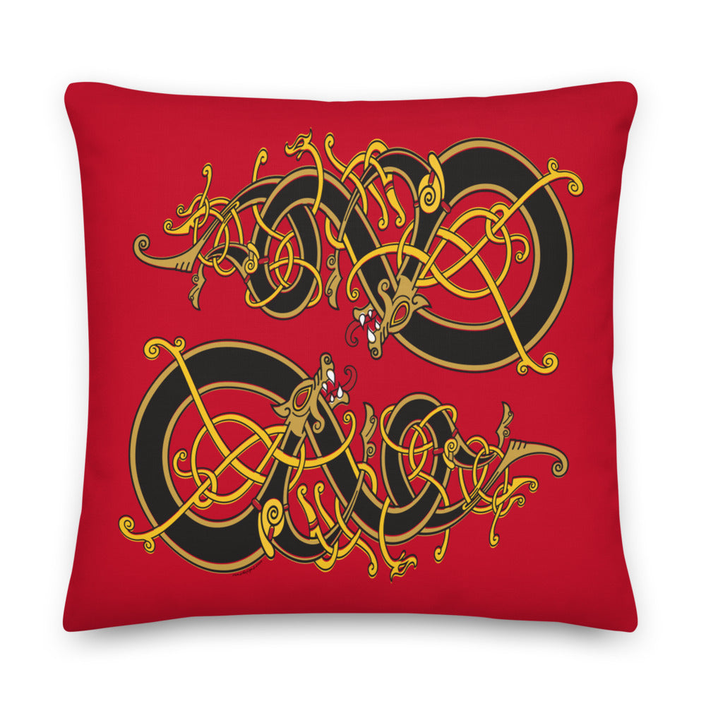 Premium Red Pillow - Viking Dragon Tangled in Celtic Knots