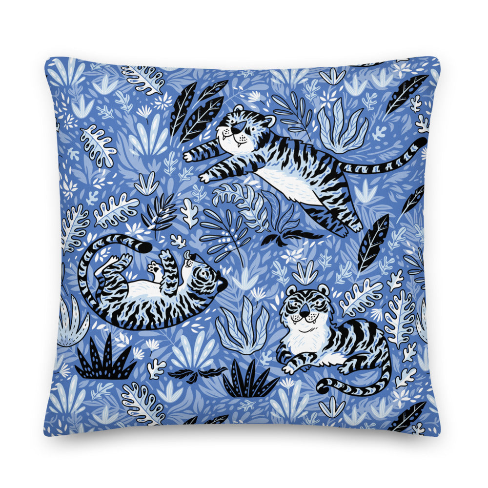 Premium Stuffed Pillow - Cavorting Blue Tigers
