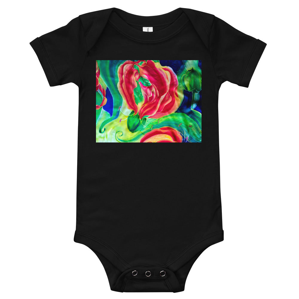 Light Soft Baby Bodysuit - Red Flower Watercolor with Yellow