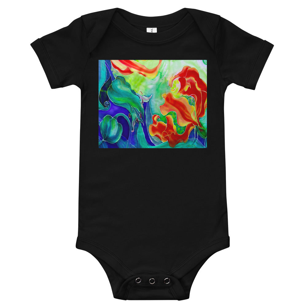 Light Soft Baby Bodysuit - Red Flower Watercolor with Blue