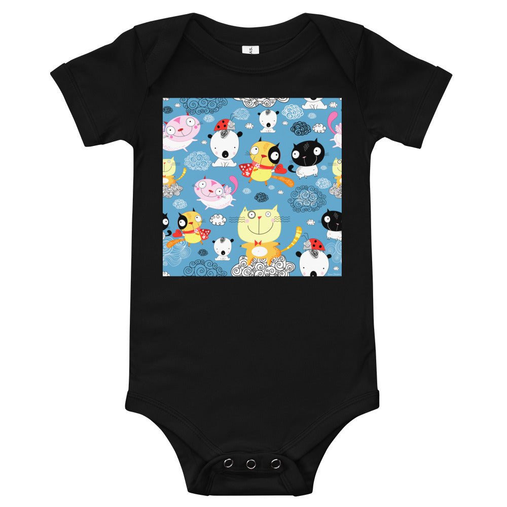 Light Soft Baby Bodysuit - Happy Cats in Clouds