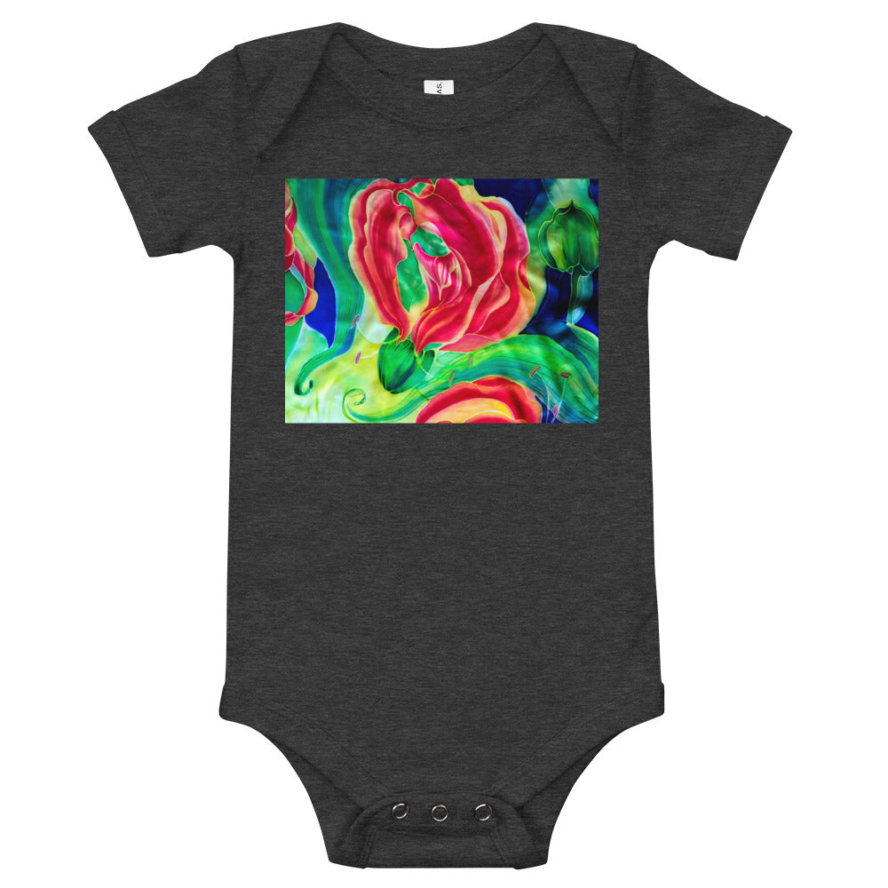 Light Soft Baby Bodysuit - Red Flower Watercolor with Yellow