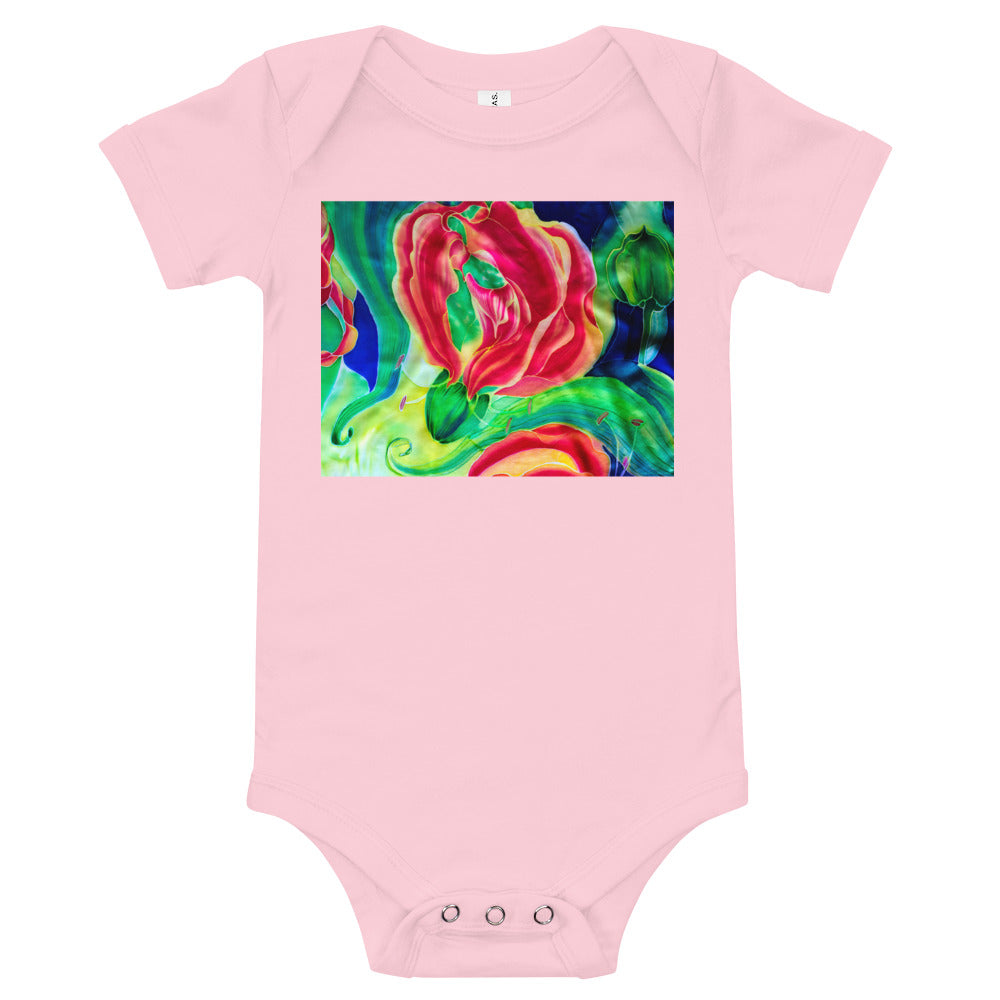 Light Soft Baby Bodysuit - Red Flower Watercolor with Yellow