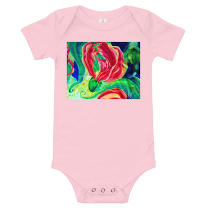 Light Soft Baby Bodysuit - Red Flower Watercolor with Yellow
