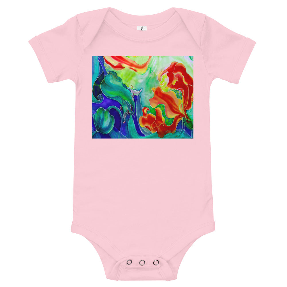 Light Soft Baby Bodysuit - Red Flower Watercolor with Blue