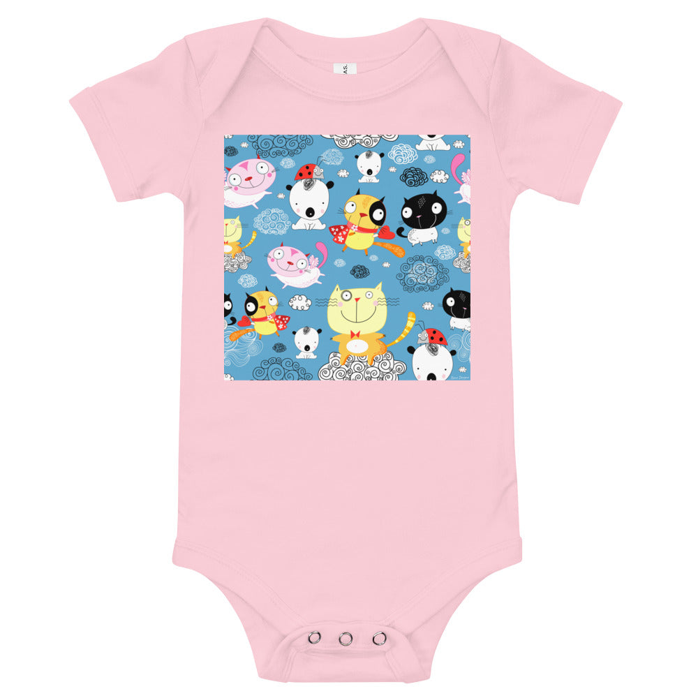 Light Soft Baby Bodysuit - Happy Cats in Clouds
