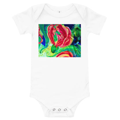 Light Soft Baby Bodysuit - Red Flower Watercolor with Yellow